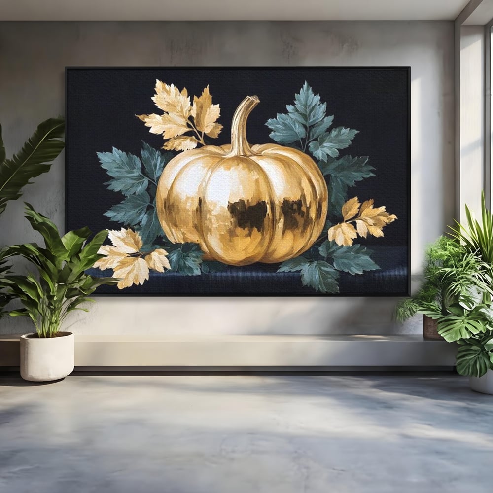 Tablou canvas cu tablou cu dovleac auriu si frunze, in rama de aluminiu negru